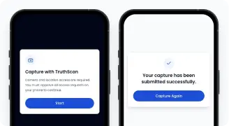 Dos teléfonos con la pantalla de consentimiento de TruthScan Capture y un envío correcto