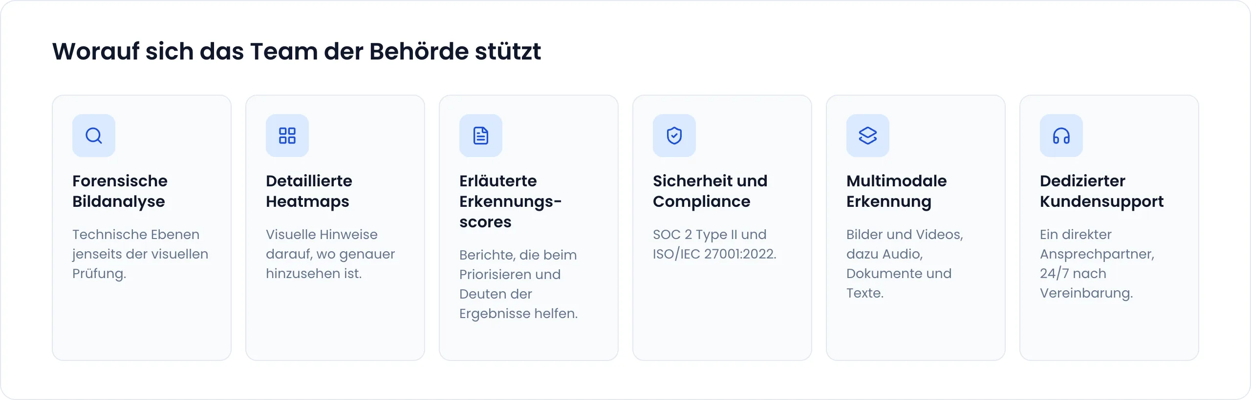 Worauf sich das Team der Behörde stützt: forensische Bildanalyse, detaillierte Heatmaps, erläuterte Erkennungsscores, Sicherheit und Compliance (SOC 2 Type II und ISO/IEC 27001:2022), multimodale Erkennung sowie dedizierter Kundensupport mit 24/7-Erreichbarkeit nach Vereinbarung.