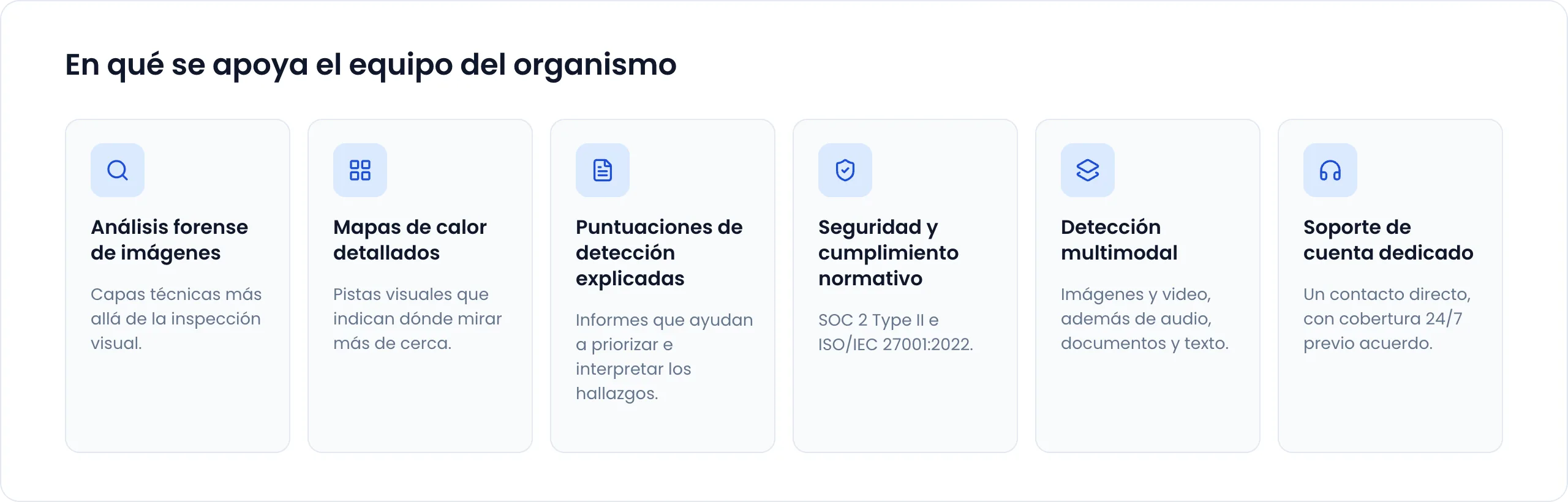 En qué se apoya el equipo del organismo: análisis forense de imágenes, mapas de calor detallados, puntuaciones de detección explicadas, seguridad y cumplimiento normativo (SOC 2 Type II e ISO/IEC 27001:2022), detección multimodal y soporte de cuenta dedicado con cobertura 24/7 previo acuerdo.