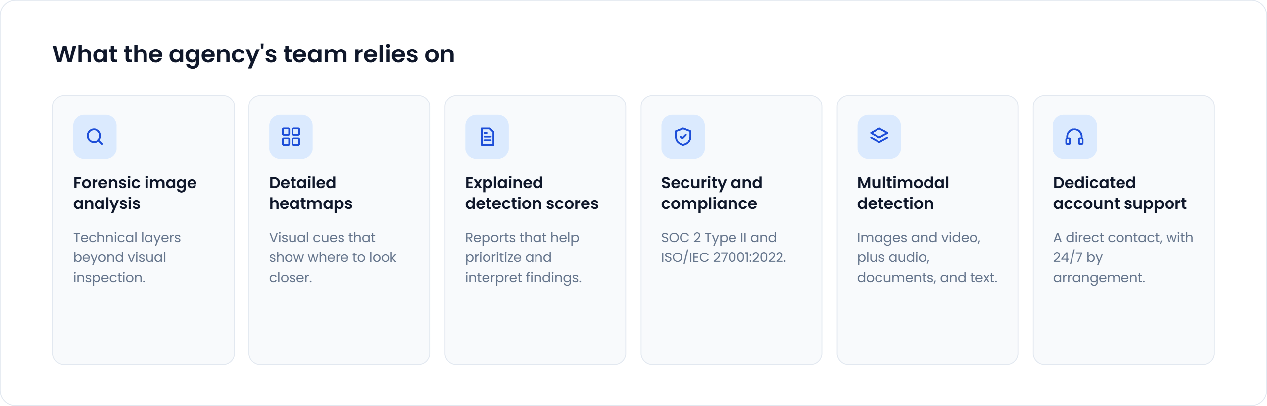 What the agency’s team relies on: forensic image analysis, detailed heatmaps, explained detection scores, security and compliance (SOC 2 Type II and ISO/IEC 27001:2022), multimodal detection, and dedicated account support with 24/7 coverage by arrangement.