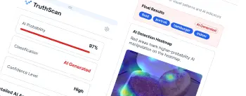 TruthScan Chrome extension showing an AI probability score and detection heatmap