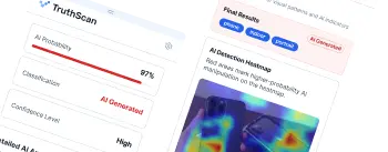 Extensão do Chrome do TruthScan mostrando pontuação de probabilidade de IA e mapa de calor de detecção
