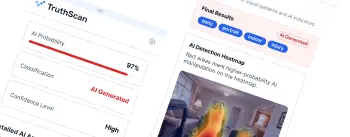 Extensão do Chrome do TruthScan mostrando pontuação de probabilidade de IA e mapa de calor de detecção