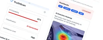 TruthScan Chrome extension showing an AI probability score and detection heatmap