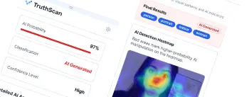 Extensão do Chrome do TruthScan mostrando pontuação de probabilidade de IA e mapa de calor de detecção