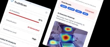 TruthScan Chrome extension showing an AI probability score and detection heatmap