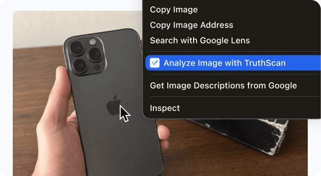 Menu de contexto do navegador com a opção 'Analyze Image with TruthScan' em destaque
