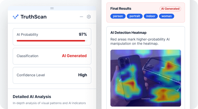 Painel de resultados do TruthScan mostrando pontuação de probabilidade de IA e mapa de calor