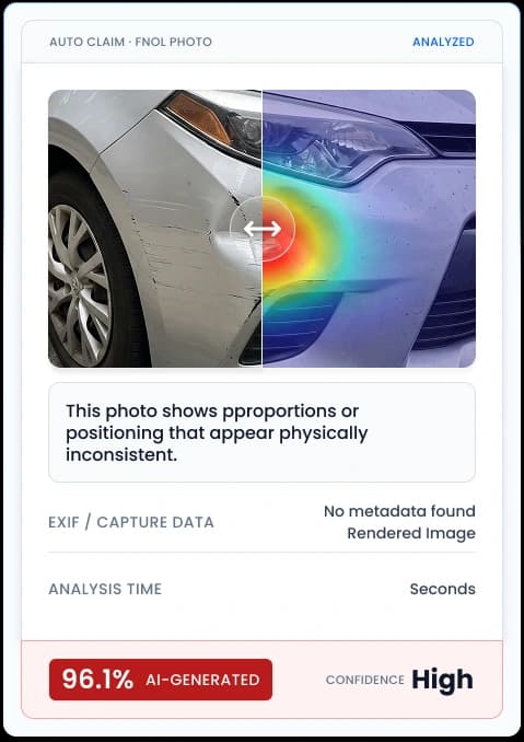 Auto claim FNOL photo analyzed for AI generation