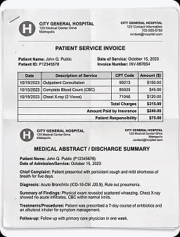 Synthetic medical bill used in a health or life claim