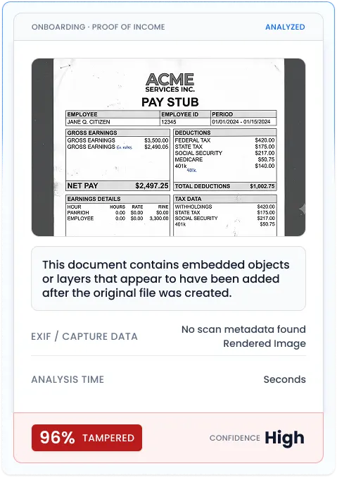 Comprovante de renda de integração analisado quanto a adulteração