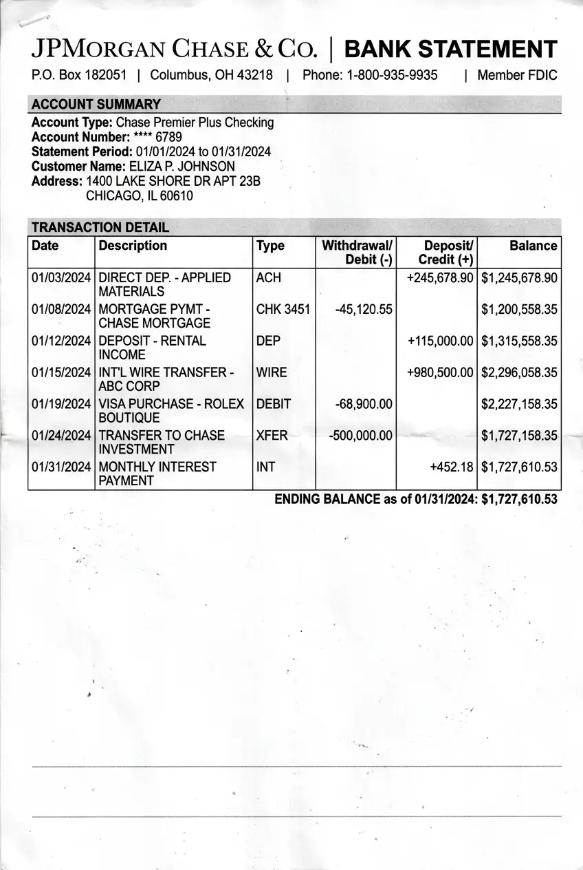 Extrato bancário renderizado por IA usado em integração sintética