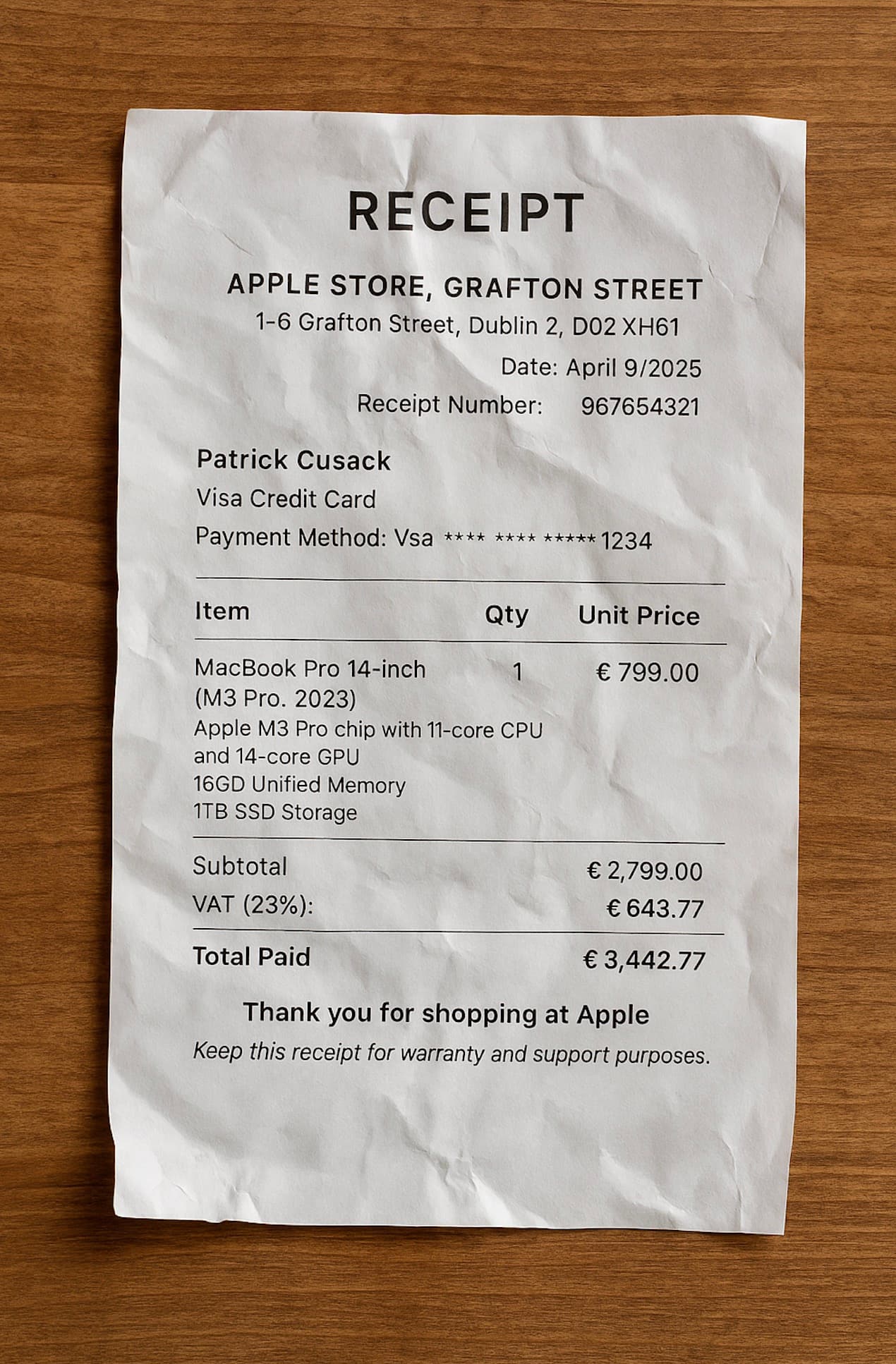 Reused receipt example