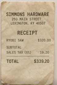 Fake hardware store receipt