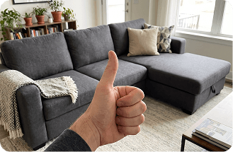 Daumen-hoch-Foto, inszeniert wie eine positive Produktrezension im Wohnzimmer