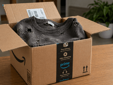 Damaged hoodie in a return shipping box with a defective-item label