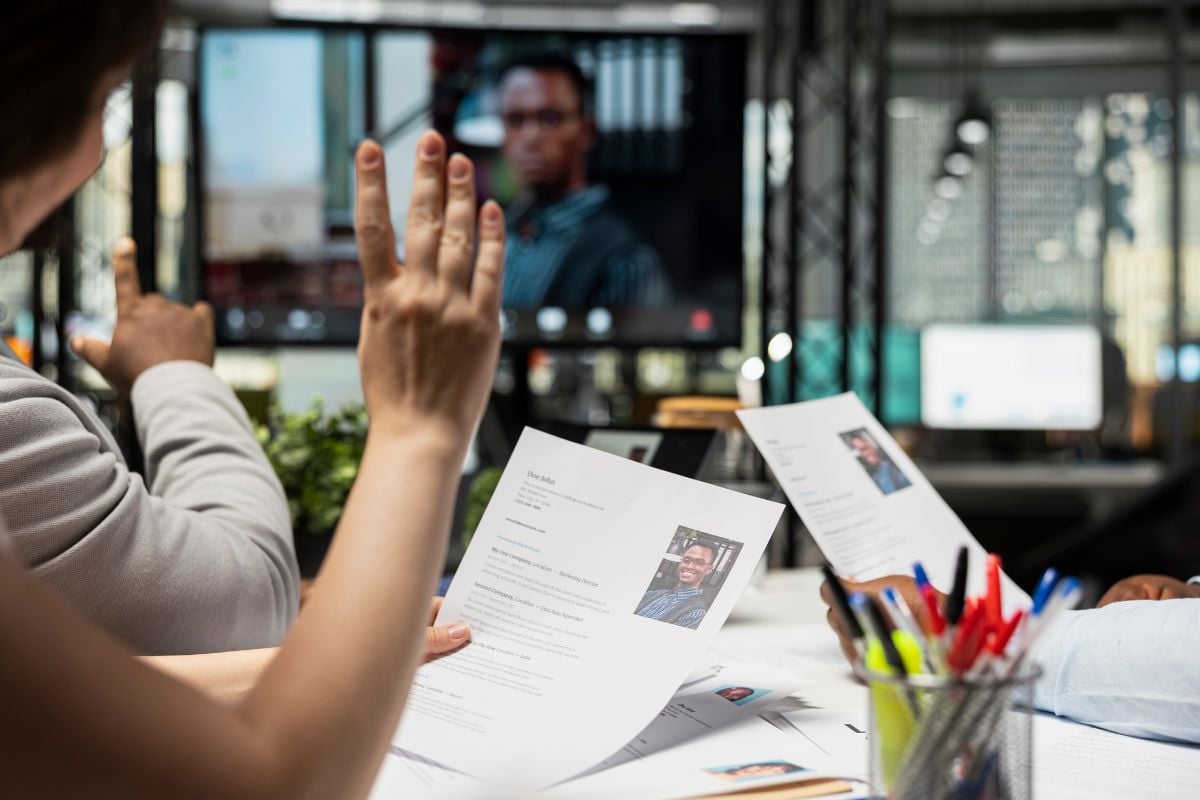 Confident job seeker joining remote interview with hr using video call tech