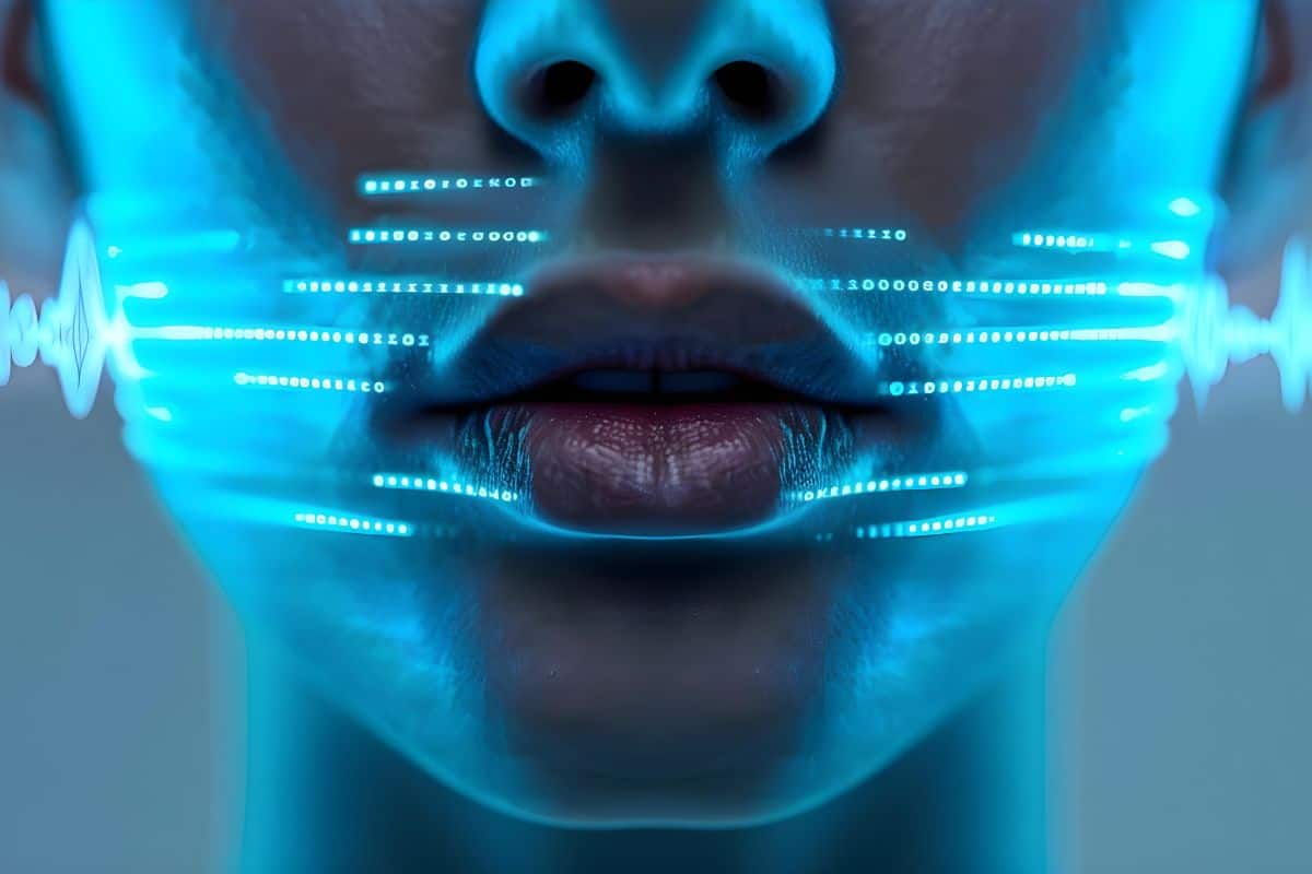 Visage polygonal sur fond d'ondes sonores numériques lumineuses