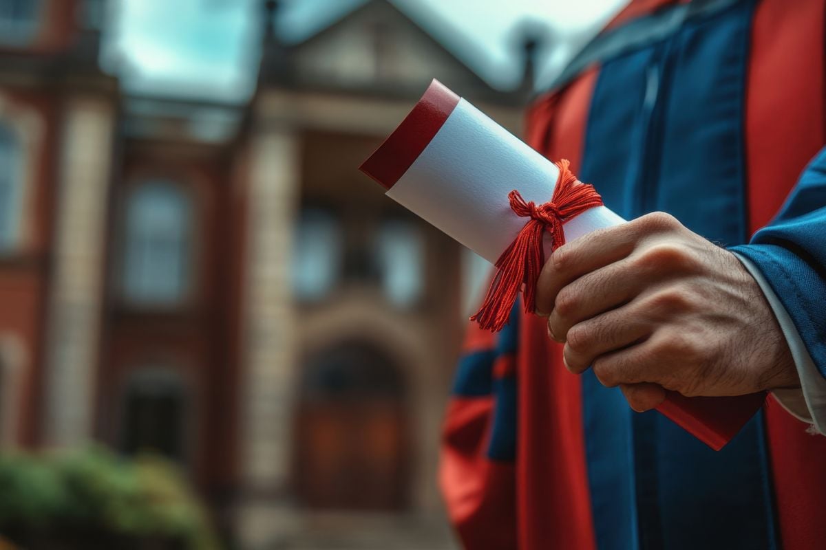 Graduate holding diploma outside historic university building on a bright day