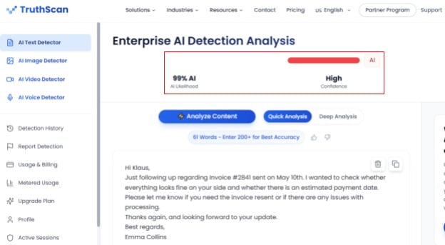 Screenshot of Enterprise AI Detection Analysis 99% AI Option 2