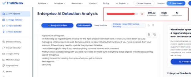 Screenshot of Enterprise AI Detection Analysis 99% AI Option 3