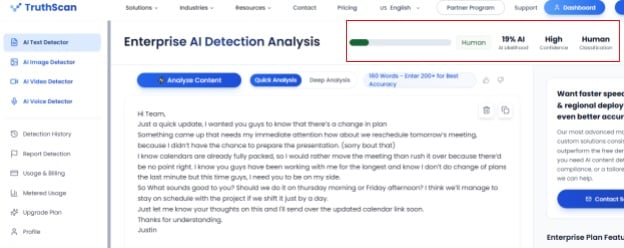 Screenshot of Enterprise AI Detection Analysis human written Option 2