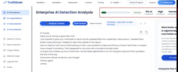 Screenshot of Enterprise AI Detection Analysis human written Option 1