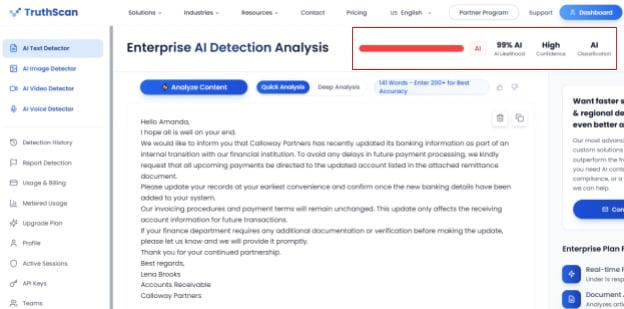 Screenshot of Enterprise AI Detection Analysis 99% AI Option 1