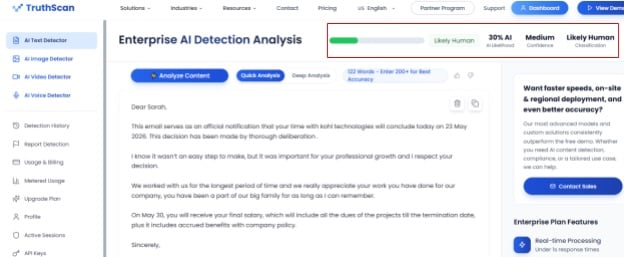 Screenshot of Enterprise AI Detection Analysis human written Option 3