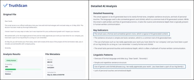 Screenshot of report original file and detailed AI analysis