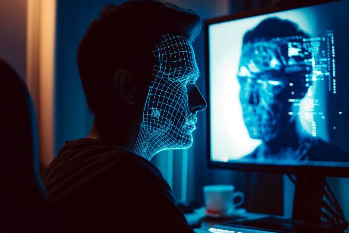 A person sitting at computer with their face being digitally scanned