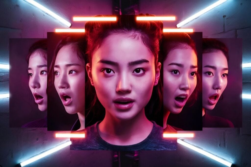 Asian young womans portrait on dark wall