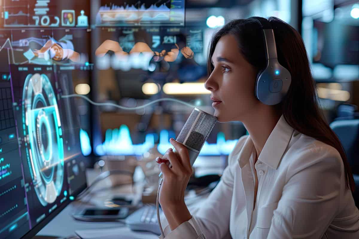 Businesswoman using voice recognition software for dictation