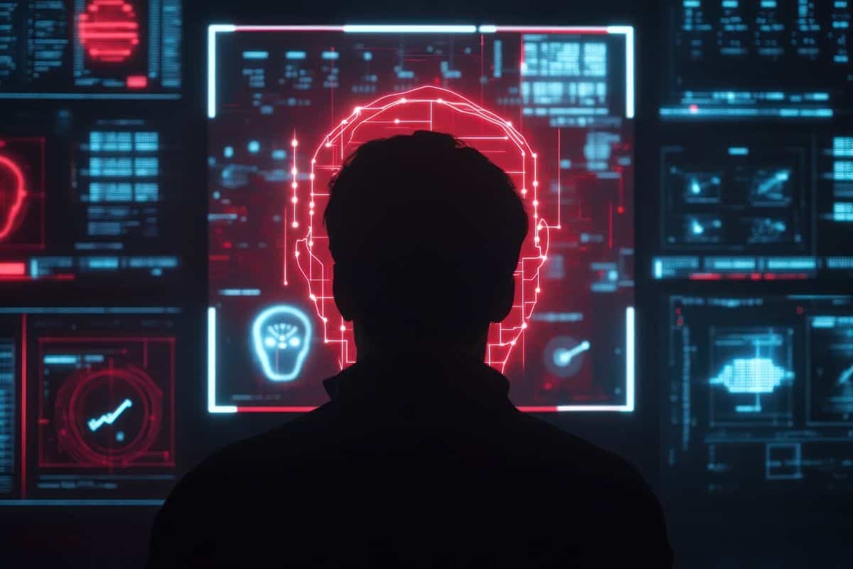 Silhouette of a person in front of a screen displaying facial recognition data