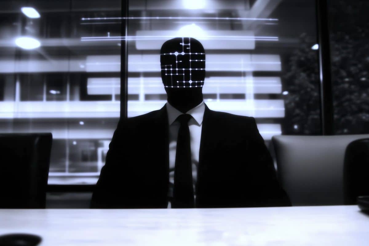 Anonymous figure in suit sits at table face obscured by grid pattern mysterious and corporate